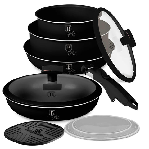 Product image of 10pcs cookware set. Part of the Monaco Collection . Features: • Material: aluminum • Include: • STACKABLE - SPACE SAVING • Frypan Ø20*4,5 cm 1,0L • Frypan Ø24*4,8 cm 1,7L • Sauce pan with mouth Ø16*7,5 cm 1,2L.... (Studio view). Official Berlinger Haus product, boosted by Promintra sl.