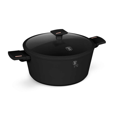 Product image of Casserole with lid 28cm. Part of the Monaco Collection . Features: • Material: forged aluminum with black titan non-stick coating • Casserole with lid Ø28*12,4 cm 6,1L • Color: black- rose gold REGISTERED DESIGN BY.... (Studio view). Official Berlinger Haus product, boosted by Promintra sl.