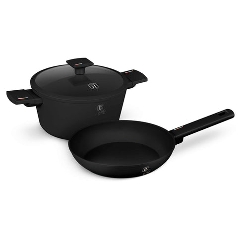Product image of 3pcs cookware set. Part of the Monaco Collection . Features: • Material: forged aluminum with black titan non-stick coating • Include: • Frypan Ø24*4,8 cm 1,7L • Casserole with lid Ø24*11,8 cm 4,1L • Color: b.... (Studio view). Official Berlinger Haus product, boosted by Promintra sl.