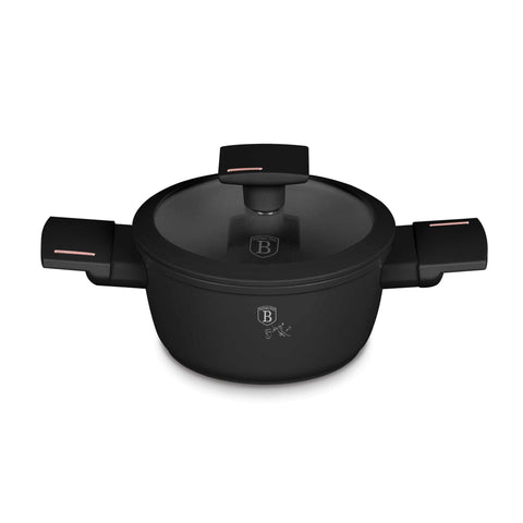 Product image of Mini casserole with lid for kids 14cm. Part of the Monaco Collection . Features: • Material: forged aluminum with non-stick titanPro coating • Casserole with lid Ø14*7 cm 0,7L • Color: black- rose gold REGISTERED DESIGN BY BERLI.... (Studio view). Official Berlinger Haus product, boosted by Promintra sl.