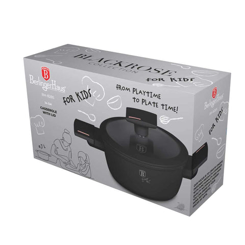 Product image of Mini casserole with lid for kids 14cm. Part of the Monaco Collection . Features: • Material: forged aluminum with non-stick titanPro coating • Casserole with lid Ø14*7 cm 0,7L • Color: black- rose gold REGISTERED DESIGN BY BERLI.... (Studio view). Official Berlinger Haus product, boosted by Promintra sl.