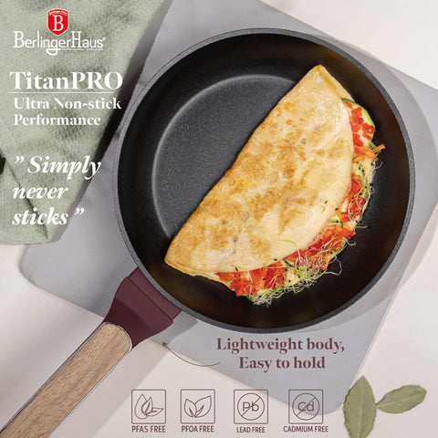 Product image of Frypan 24cm. Part of the Leonardo Nordic Collection . Features: • Material: forged aluminum with non-stick titanPro coating • Frypan Ø24*4,8 cm 1,7L • Color: matt bordeaux, wooden REGISTERED DESIGN BY BERLINGER .... (Studio view). Official Berlinger Haus product, boosted by Promintra sl.
