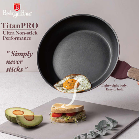 Product image of Frypan 24cm. Part of the Leonardo Nordic Collection . Features: • Material: forged aluminum with non-stick titanPro coating • Frypan Ø24*4,8 cm 1,7L • Color: matt bordeaux, wooden REGISTERED DESIGN BY BERLINGER .... (Studio view). Official Berlinger Haus product, boosted by Promintra sl.