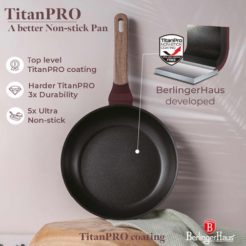 Product image of Frypan 24cm. Part of the Leonardo Nordic Collection . Features: • Material: forged aluminum with non-stick titanPro coating • Frypan Ø24*4,8 cm 1,7L • Color: matt bordeaux, wooden REGISTERED DESIGN BY BERLINGER .... (Studio view). Official Berlinger Haus product, boosted by Promintra sl.