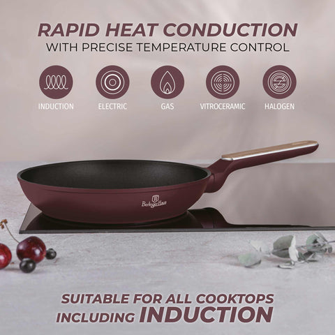 Product image of Frypan 24cm. Part of the Leonardo Nordic Collection . Features: • Material: forged aluminum with non-stick titanPro coating • Frypan Ø24*4,8 cm 1,7L • Color: matt bordeaux, wooden REGISTERED DESIGN BY BERLINGER .... (Studio view). Official Berlinger Haus product, boosted by Promintra sl.