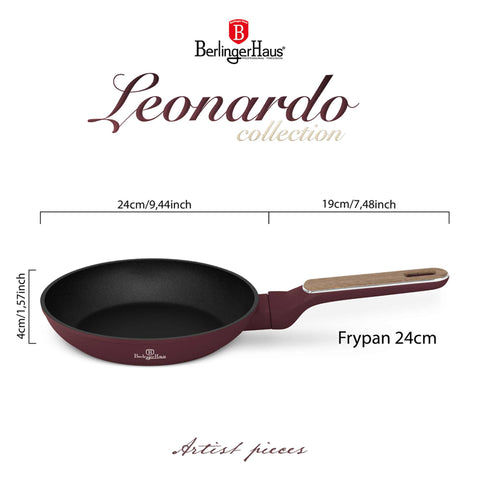 Product image of Frypan 24cm. Part of the Leonardo Nordic Collection . Features: • Material: forged aluminum with non-stick titanPro coating • Frypan Ø24*4,8 cm 1,7L • Color: matt bordeaux, wooden REGISTERED DESIGN BY BERLINGER .... (Studio view). Official Berlinger Haus product, boosted by Promintra sl.