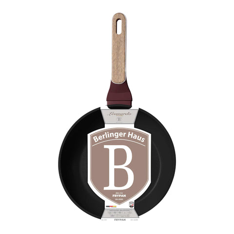 Product image of Frypan 24cm. Part of the Leonardo Nordic Collection . Features: • Material: forged aluminum with non-stick titanPro coating • Frypan Ø24*4,8 cm 1,7L • Color: matt bordeaux, wooden REGISTERED DESIGN BY BERLINGER .... (Studio view). Official Berlinger Haus product, boosted by Promintra sl.