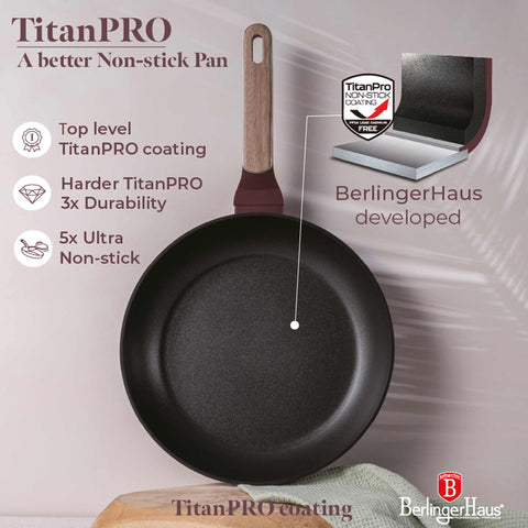Product image of Frypan 28cm. Part of the Leonardo Nordic Collection . Features: • Material: forged aluminum with non-stick titanPro coating • Frypan Ø28*5,2 cm 2,4L • Color: matt bordeaux, wooden REGISTERED DESIGN BY BERLINGER .... (Studio view). Official Berlinger Haus product, boosted by Promintra sl.