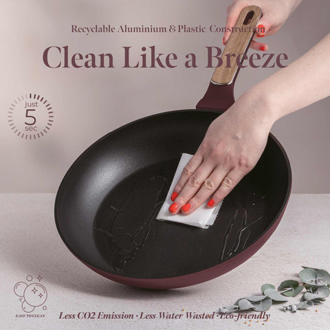 Product image of Frypan 28cm. Part of the Leonardo Nordic Collection . Features: • Material: forged aluminum with non-stick titanPro coating • Frypan Ø28*5,2 cm 2,4L • Color: matt bordeaux, wooden REGISTERED DESIGN BY BERLINGER .... (Studio view). Official Berlinger Haus product, boosted by Promintra sl.