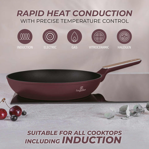 Product image of Frypan 28cm. Part of the Leonardo Nordic Collection . Features: • Material: forged aluminum with non-stick titanPro coating • Frypan Ø28*5,2 cm 2,4L • Color: matt bordeaux, wooden REGISTERED DESIGN BY BERLINGER .... (Studio view). Official Berlinger Haus product, boosted by Promintra sl.