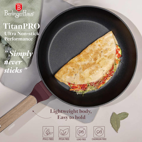 Product image of Frypan 28cm. Part of the Leonardo Nordic Collection . Features: • Material: forged aluminum with non-stick titanPro coating • Frypan Ø28*5,2 cm 2,4L • Color: matt bordeaux, wooden REGISTERED DESIGN BY BERLINGER .... (Studio view). Official Berlinger Haus product, boosted by Promintra sl.