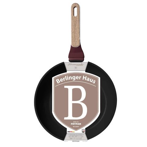Product image of Frypan 28cm. Part of the Leonardo Nordic Collection . Features: • Material: forged aluminum with non-stick titanPro coating • Frypan Ø28*5,2 cm 2,4L • Color: matt bordeaux, wooden REGISTERED DESIGN BY BERLINGER .... (Studio view). Official Berlinger Haus product, boosted by Promintra sl.