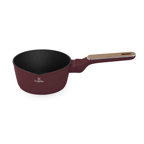 Product image of Sauce pan 16cm. Part of the Leonardo Nordic Collection . Features: • Material: forged aluminum with non-stick titanPro coating • Sauce pan Ø16*7,5 cm 1,2L • Color: matt bordeaux, wooden REGISTERED DESIGN BY BERLING.... (Studio view). Official Berlinger Haus product, boosted by Promintra sl.