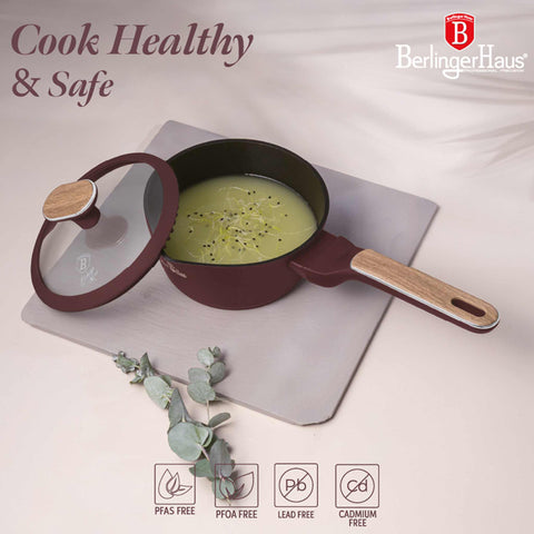Product image of Sauce pan with lid 16cm. Part of the Leonardo Nordic Collection . Features: • Material: forged aluminum with non-stick titanPro coating • Sauce pan Ø16*7,5 cm 1,2L • Color: matt bordeaux, wooden REGISTERED DESIGN BY BERLING.... (Studio view). Official Berlinger Haus product, boosted by Promintra sl.