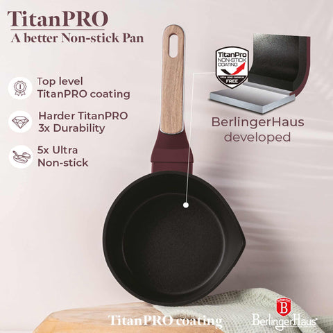 Product image of Sauce pan with lid 16cm. Part of the Leonardo Nordic Collection . Features: • Material: forged aluminum with non-stick titanPro coating • Sauce pan Ø16*7,5 cm 1,2L • Color: matt bordeaux, wooden REGISTERED DESIGN BY BERLING.... (Studio view). Official Berlinger Haus product, boosted by Promintra sl.