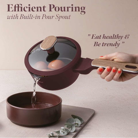 Product image of Sauce pan with lid 16cm. Part of the Leonardo Nordic Collection . Features: • Material: forged aluminum with non-stick titanPro coating • Sauce pan Ø16*7,5 cm 1,2L • Color: matt bordeaux, wooden REGISTERED DESIGN BY BERLING.... (Studio view). Official Berlinger Haus product, boosted by Promintra sl.