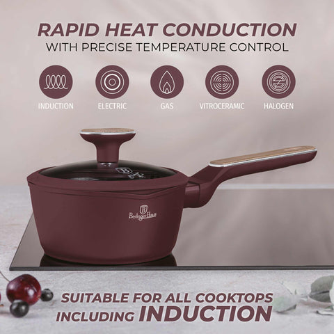 Product image of Sauce pan with lid 16cm. Part of the Leonardo Nordic Collection . Features: • Material: forged aluminum with non-stick titanPro coating • Sauce pan Ø16*7,5 cm 1,2L • Color: matt bordeaux, wooden REGISTERED DESIGN BY BERLING.... (Studio view). Official Berlinger Haus product, boosted by Promintra sl.