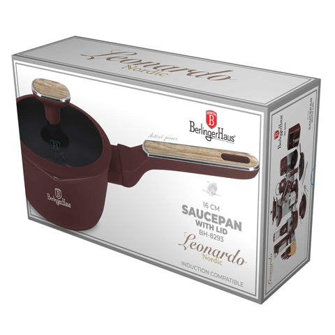 Product image of Sauce pan with lid 16cm. Part of the Leonardo Nordic Collection . Features: • Material: forged aluminum with non-stick titanPro coating • Sauce pan Ø16*7,5 cm 1,2L • Color: matt bordeaux, wooden REGISTERED DESIGN BY BERLING.... (Studio view). Official Berlinger Haus product, boosted by Promintra sl.
