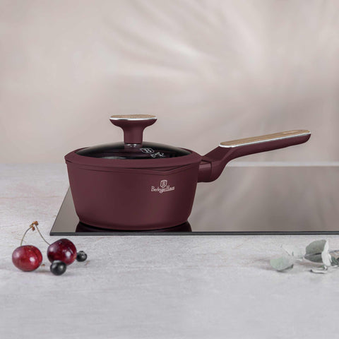 Product image of Sauce pan with lid 16cm. Part of the Leonardo Nordic Collection . Features: • Material: forged aluminum with non-stick titanPro coating • Sauce pan Ø16*7,5 cm 1,2L • Color: matt bordeaux, wooden REGISTERED DESIGN BY BERLING.... (Studio view). Official Berlinger Haus product, boosted by Promintra sl.