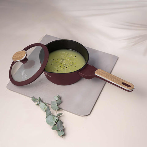 Product image of Sauce pan with lid 16cm. Part of the Leonardo Nordic Collection . Features: • Material: forged aluminum with non-stick titanPro coating • Sauce pan Ø16*7,5 cm 1,2L • Color: matt bordeaux, wooden REGISTERED DESIGN BY BERLING.... (Studio view). Official Berlinger Haus product, boosted by Promintra sl.