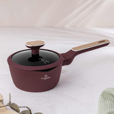 Product image of Sauce pan with lid 16cm. Part of the Leonardo Nordic Collection . Features: • Material: forged aluminum with non-stick titanPro coating • Sauce pan Ø16*7,5 cm 1,2L • Color: matt bordeaux, wooden REGISTERED DESIGN BY BERLING.... (Studio view). Official Berlinger Haus product, boosted by Promintra sl.