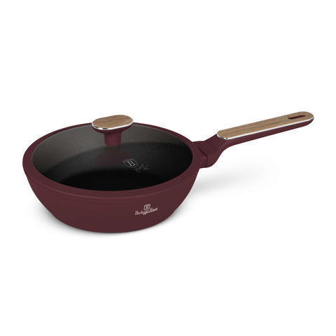 BH/8295, Frigideira funda com tampa, 24 cm, Bordô fosco, Madeira, Frigideira funda de 24 cm, Novo design de alça, Frigideira, Frigideira funda, Frigideira funda com tampa, Frigideira, Conjunto de utensílios de cozinha, Cozinha