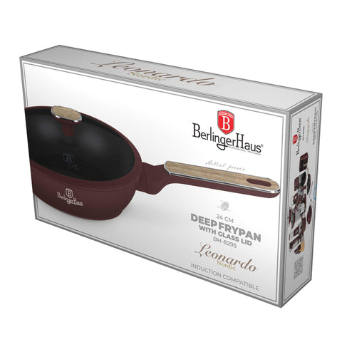 BH/8295, Deep frypan with lid 24cm, matt-bordeaux,wooden, 24 cm deep frypan, frypan, deep frypan, deep frypan with lid, frying pan, cookware, cooking