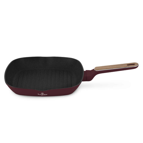 Product image of Grill pan 28cm. Part of the Leonardo Nordic Collection . Features: • Material: forged aluminum with non-stick titanPro coating • Grill pan Ø28*4,1 cm 2,1L • Color: matt bordeaux, wooden REGISTERED DESIGN BY BERLING.... (Studio view). Official Berlinger Haus product, boosted by Promintra sl.