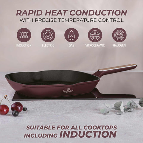 Product image of Grill pan 28cm. Part of the Leonardo Nordic Collection . Features: • Material: forged aluminum with non-stick titanPro coating • Grill pan Ø28*4,1 cm 2,1L • Color: matt bordeaux, wooden REGISTERED DESIGN BY BERLING.... (Studio view). Official Berlinger Haus product, boosted by Promintra sl.