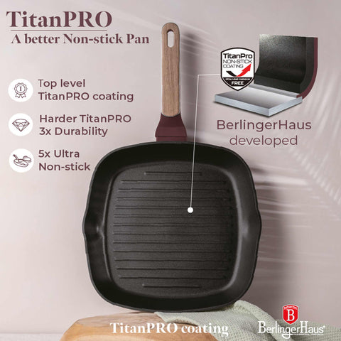 Product image of Grill pan 28cm. Part of the Leonardo Nordic Collection . Features: • Material: forged aluminum with non-stick titanPro coating • Grill pan Ø28*4,1 cm 2,1L • Color: matt bordeaux, wooden REGISTERED DESIGN BY BERLING.... (Studio view). Official Berlinger Haus product, boosted by Promintra sl.
