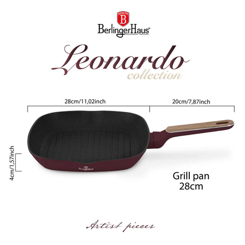 Product image of Grill pan 28cm. Part of the Leonardo Nordic Collection . Features: • Material: forged aluminum with non-stick titanPro coating • Grill pan Ø28*4,1 cm 2,1L • Color: matt bordeaux, wooden REGISTERED DESIGN BY BERLING.... (Studio view). Official Berlinger Haus product, boosted by Promintra sl.
