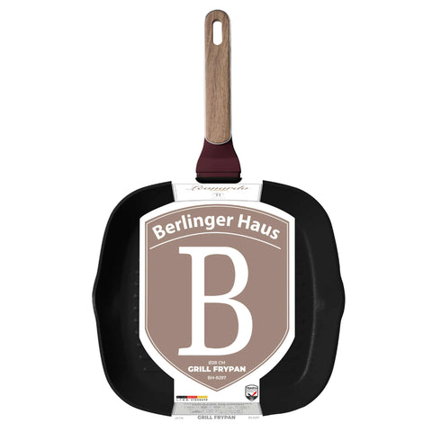 Product image of Grill pan 28cm. Part of the Leonardo Nordic Collection . Features: • Material: forged aluminum with non-stick titanPro coating • Grill pan Ø28*4,1 cm 2,1L • Color: matt bordeaux, wooden REGISTERED DESIGN BY BERLING.... (Studio view). Official Berlinger Haus product, boosted by Promintra sl.