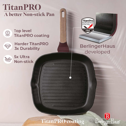 Imatge del producte de la paella amb tapa de 28 cm. Part de la col·lecció Leonardo Nordic. Característiques: • Material: alumini forjat amb recobriment antiadherent TitanPro • Paella amb tapa Ø28*4,1 cm 2,1L • Color: bordeus mat, fusta DISSENY REGISTRAT B.... (Vista d'estudi). Producte oficial Berlinger, impulsat per Promintra sl.
