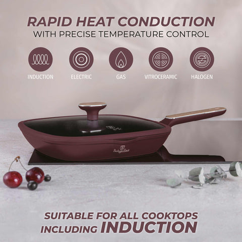 Imatge del producte de la paella amb tapa de 28 cm. Part de la col·lecció Leonardo Nordic. Característiques: • Material: alumini forjat amb recobriment antiadherent TitanPro • Paella amb tapa Ø28*4,1 cm 2,1L • Color: bordeus mat, fusta DISSENY REGISTRAT B.... (Vista d'estudi). Producte oficial Berlinger, impulsat per Promintra sl.