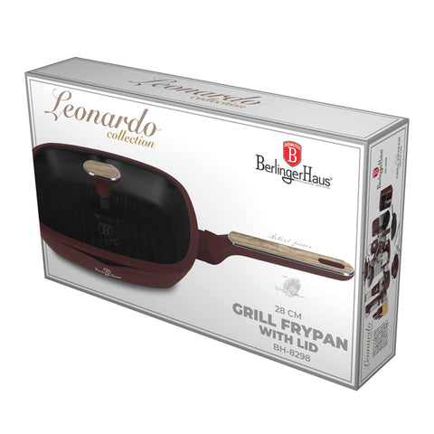 BH/8298, Grill pan with lid 28cm, matt-bordeaux,wooden, 28 cm grill pan with lid, frypan, frying pan, grill pan, grill pan with lid, cookware, cooking