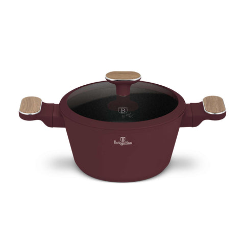 Product image of Casserole with lid 20cm. Part of the Leonardo Nordic Collection . Features: • Material: forged aluminum with non-stick titanPro coating • Casserole with lid Ø20*11 cm 2,6L • Color: matt bordeaux, wooden REGISTERED DESIGN BY.... (Studio view). Official Berlinger Haus product, boosted by Promintra sl.
