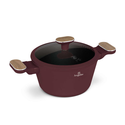 Product image of Casserole with lid 20cm. Part of the Leonardo Nordic Collection . Features: • Material: forged aluminum with non-stick titanPro coating • Casserole with lid Ø20*11 cm 2,6L • Color: matt bordeaux, wooden REGISTERED DESIGN BY.... (Studio view). Official Berlinger Haus product, boosted by Promintra sl.