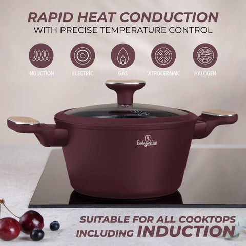 Product image of Casserole with lid 20cm. Part of the Leonardo Nordic Collection . Features: • Material: forged aluminum with non-stick titanPro coating • Casserole with lid Ø20*11 cm 2,6L • Color: matt bordeaux, wooden REGISTERED DESIGN BY.... (Studio view). Official Berlinger Haus product, boosted by Promintra sl.