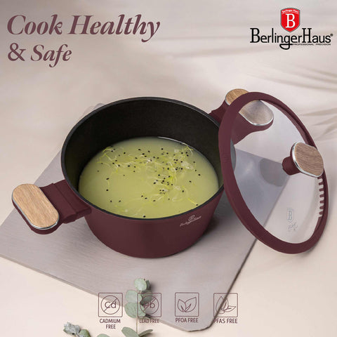 Product image of Casserole with lid 20cm. Part of the Leonardo Nordic Collection . Features: • Material: forged aluminum with non-stick titanPro coating • Casserole with lid Ø20*11 cm 2,6L • Color: matt bordeaux, wooden REGISTERED DESIGN BY.... (Studio view). Official Berlinger Haus product, boosted by Promintra sl.
