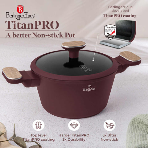 Product image of Casserole with lid 20cm. Part of the Leonardo Nordic Collection . Features: • Material: forged aluminum with non-stick titanPro coating • Casserole with lid Ø20*11 cm 2,6L • Color: matt bordeaux, wooden REGISTERED DESIGN BY.... (Studio view). Official Berlinger Haus product, boosted by Promintra sl.