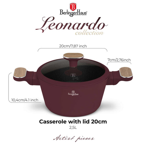 Product image of Casserole with lid 20cm. Part of the Leonardo Nordic Collection . Features: • Material: forged aluminum with non-stick titanPro coating • Casserole with lid Ø20*11 cm 2,6L • Color: matt bordeaux, wooden REGISTERED DESIGN BY.... (Studio view). Official Berlinger Haus product, boosted by Promintra sl.