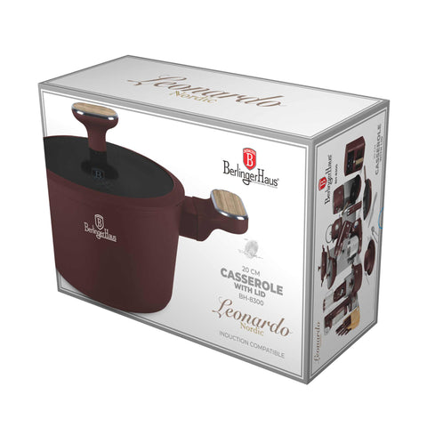 Product image of Casserole with lid 20cm. Part of the Leonardo Nordic Collection . Features: • Material: forged aluminum with non-stick titanPro coating • Casserole with lid Ø20*11 cm 2,6L • Color: matt bordeaux, wooden REGISTERED DESIGN BY.... (Studio view). Official Berlinger Haus product, boosted by Promintra sl.