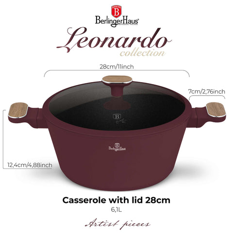 BH/8302, Casserole with lid 28cm, matt-bordeaux,wooden, 28 cm casserole, casserole, pot, casserole with lid, cookware, cooking