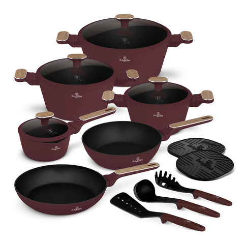 Product image of 15pcs cookware set. Part of the Leonardo Nordic Collection . Features: • Material: forged aluminum with non-stick titanPro coating • Include: • Deep frypan Ø24*6,5 cm 2,3L • Frypan Ø28*5,2cm 2,4L • Casserole with (stra.... (Studio view). Official Berlinger Haus product, boosted by Promintra sl.