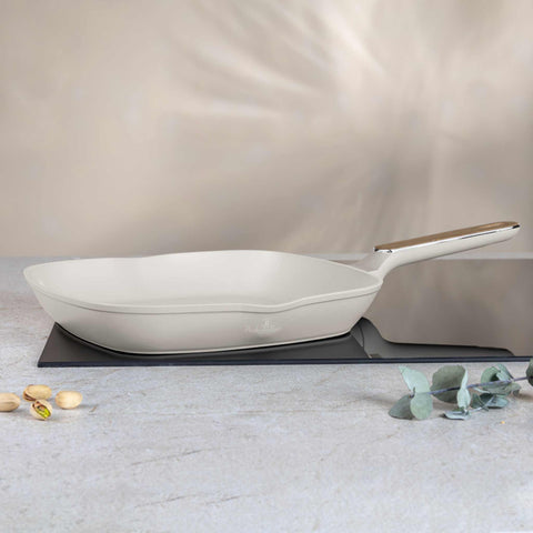 BH/8316, Sartén para parrilla de 28 cm, color crema mate, madera, sartén para parrilla de 28 cm, nuevo diseño de mango, sartén, sartén para freír, sartén para parrilla, utensilios de cocina, cocina, sartenes