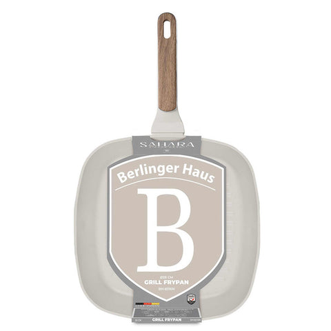 Product image of Grill pan 28cm. Part of the Sahara Nordic Collection . Features: • Material: forged aluminum with non-stick titanPro coating • Grill pan Ø28*4,1 cm 2,1L • Color: matt cream, wooden REGISTERED DESIGN BY BERLINGER .... (Giftbox view). Official Berlinger Haus product, boosted by Promintra sl.
