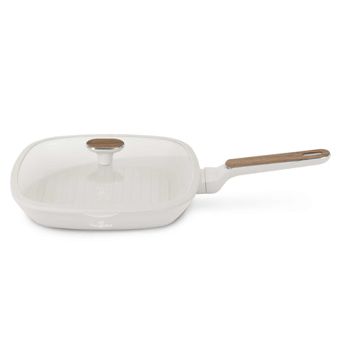 Product image of Grill pan with lid 28cm. Part of the Sahara Nordic Collection . Features: • Material: forged aluminum with non-stick titanPro coating • Grill pan with lid Ø28*4,1 cm 2,1L • Color: matt cream, wooden REGISTERED DESIGN BY B.... (Studio view). Official Berlinger Haus product, boosted by Promintra sl.