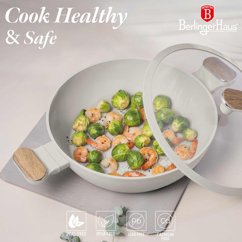 BH/8318, Olla baja con tapa de 28 cm, color crema mate, madera, olla baja de 28 cm, nuevo diseño de mango, olla baja, olla baja con tapa, olla, utensilios de cocina, cocina, ollas y cazuelas