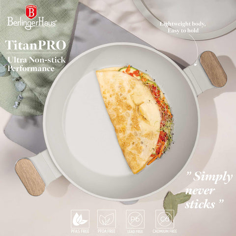 BH/8318, Olla baja con tapa de 28 cm, color crema mate, madera, olla baja de 28 cm, nuevo diseño de mango, olla baja, olla baja con tapa, olla, utensilios de cocina, cocina, ollas y cazuelas