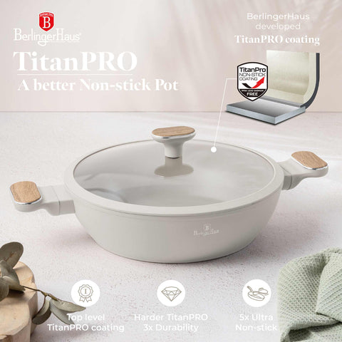 BH/8318, Olla baja con tapa de 28 cm, color crema mate, madera, olla baja de 28 cm, nuevo diseño de mango, olla baja, olla baja con tapa, olla, utensilios de cocina, cocina, ollas y cazuelas